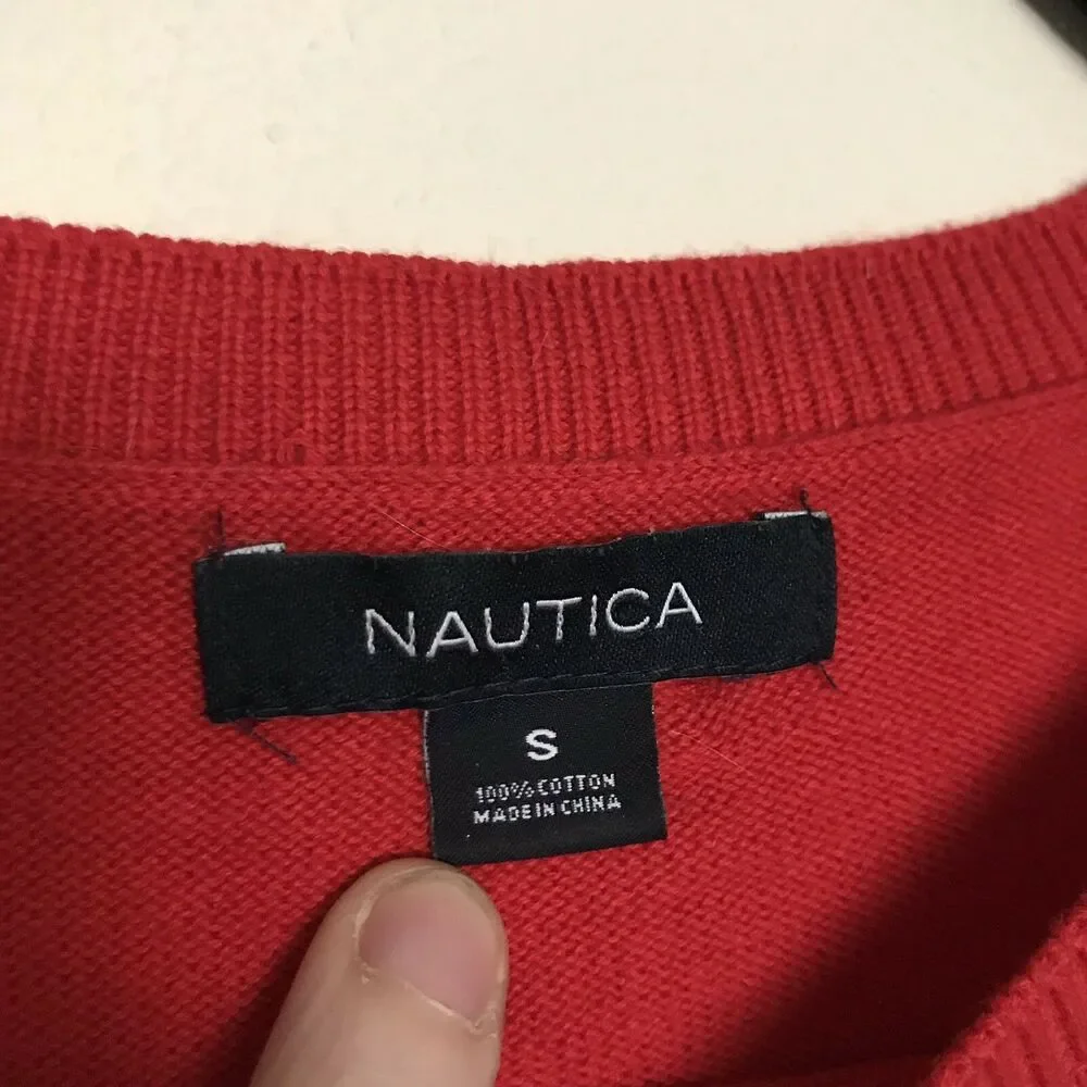 Nautica Red Sweater With Blue Stripes On Cuffs - Size Small - Shoulder Buttons